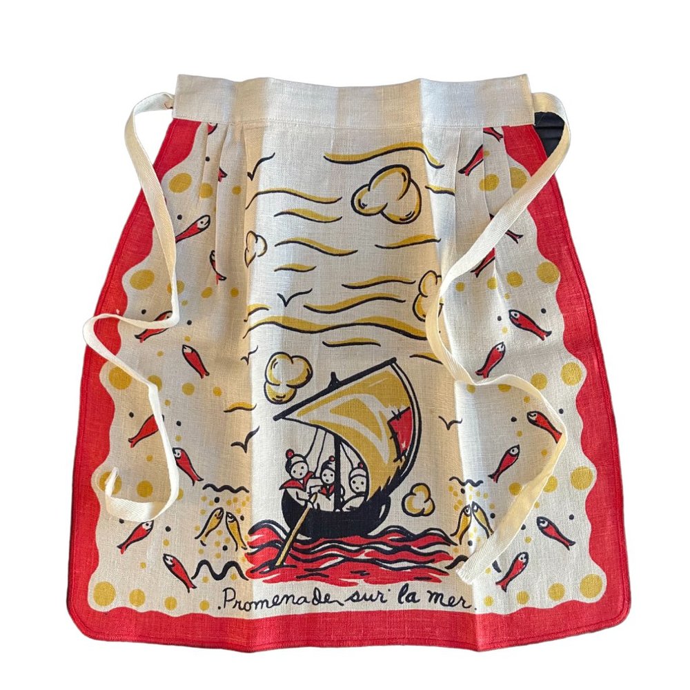 Vintage French "Promenade sur la mer" Souvenir Linen Half Apron